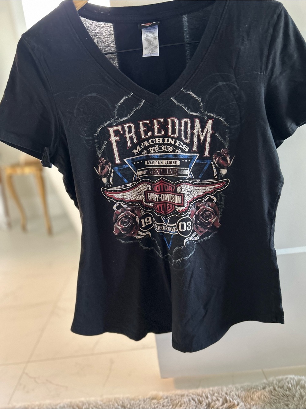 Harley-Davidson Black V-Neck 'Freedom' bling Graphic Tee with Rose and Shield M